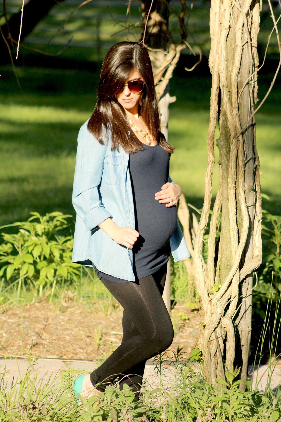 Chambray shirt styled for maternity