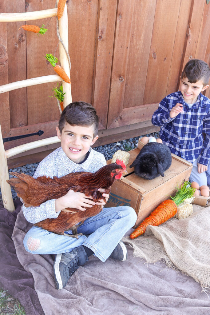 Easter photo with rabbit and chickens